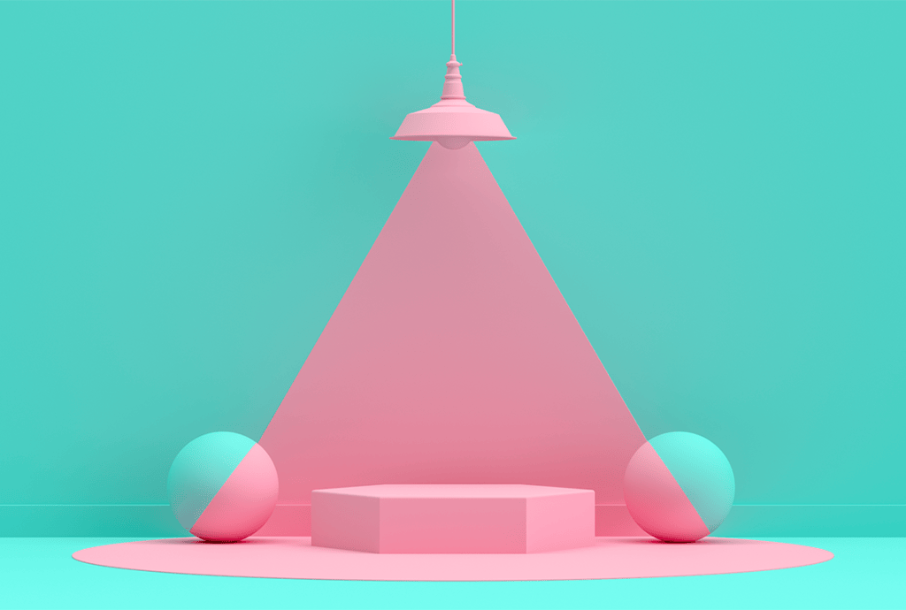 a pink light is shining on a pink podium