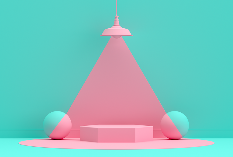 a pink light is shining on a pink podium
