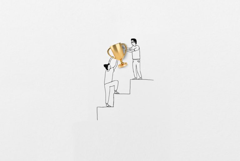 a drawing of two people holding a gold trophy