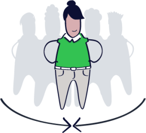a woman in a green shirt is standing in front of a group of people