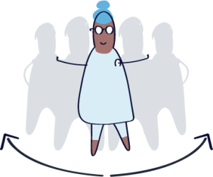 a cartoon of a woman standing in front of a group of people