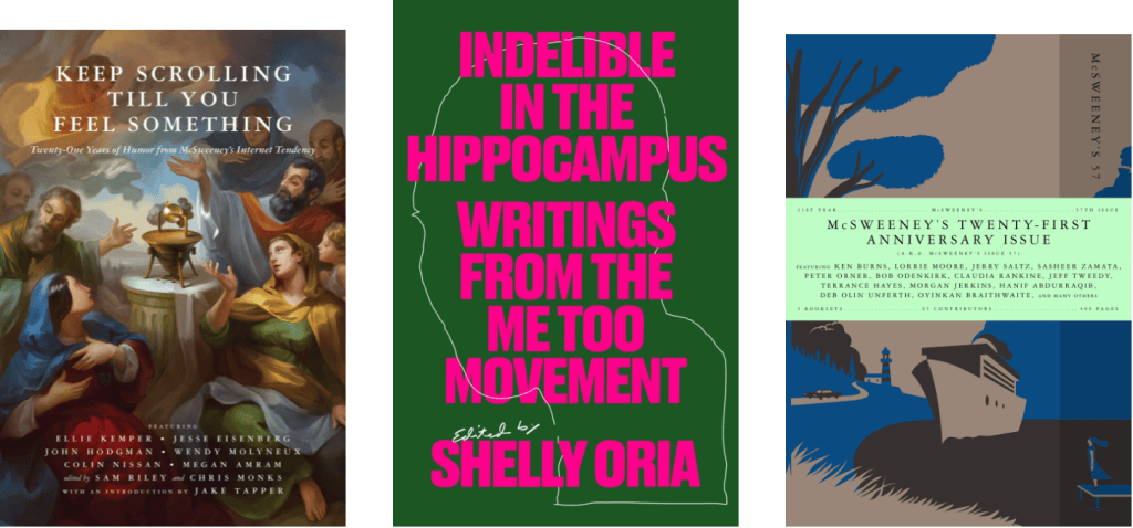 Three book covers, with a book by Shelly Oria titled, "Indelible in the Hippocampus" in the center
