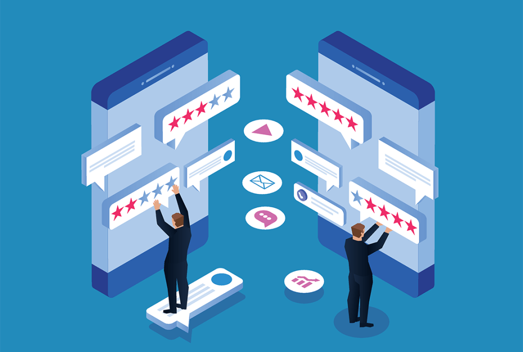 an illustration of two people giving five star ratings on big screens
