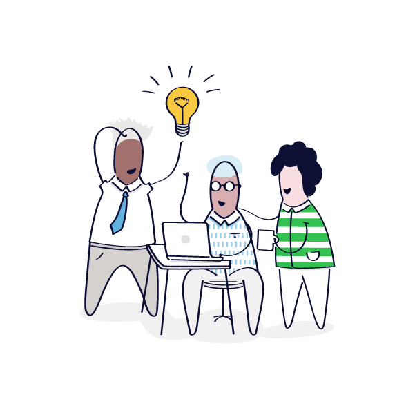 een groep mensen staat rond een laptop met een lamp boven hen