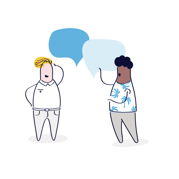 een striptekening van twee mensen die met elkaar praten