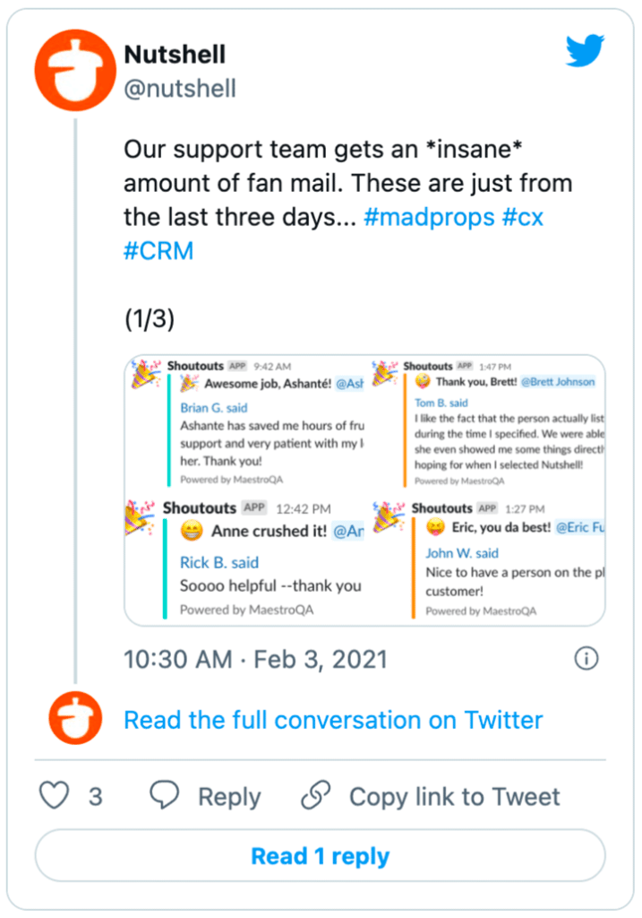 a Nutshell tweet that shows positive feedback for customer support team members