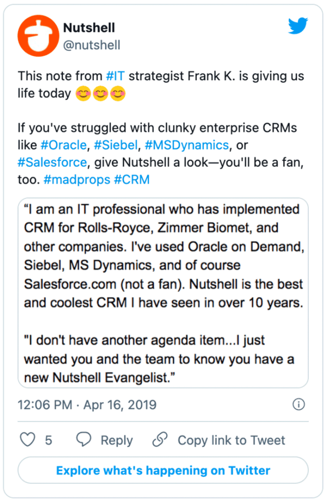 a Nutshell tweet shows a positive note received from user Frank K.