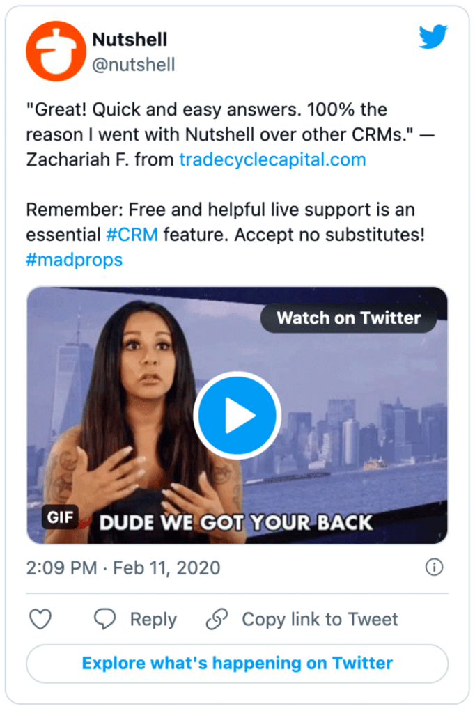 a tweet from Nutshell shows a positive user review and a video of a woman saying dude we got your back
