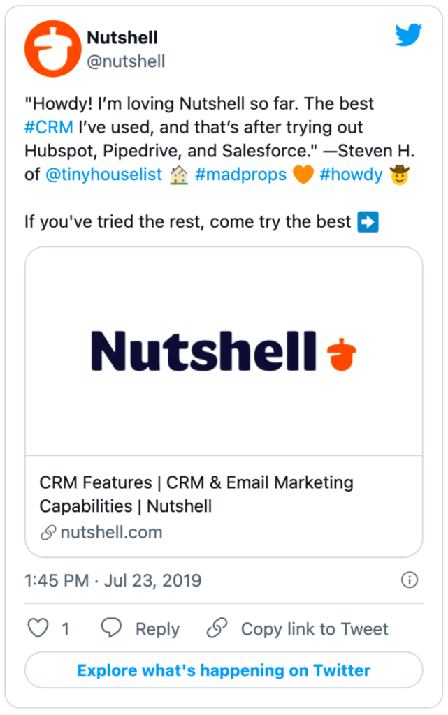 a tweet from Nutshell shows a review that says " howdy I'm loving Nutshell so far "