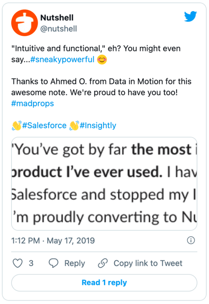 a tweet from Nutshell that shows a postive review from user Ahmed O.