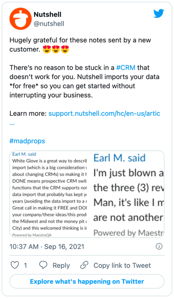 A Nutshell tweet that shows a positive comment from user Earl M.