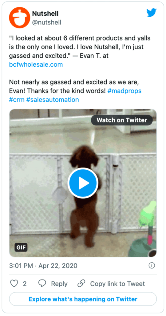 a tweet from Nutshell shows a positve review from user Evan T. and a video of a dog jumping over a fence