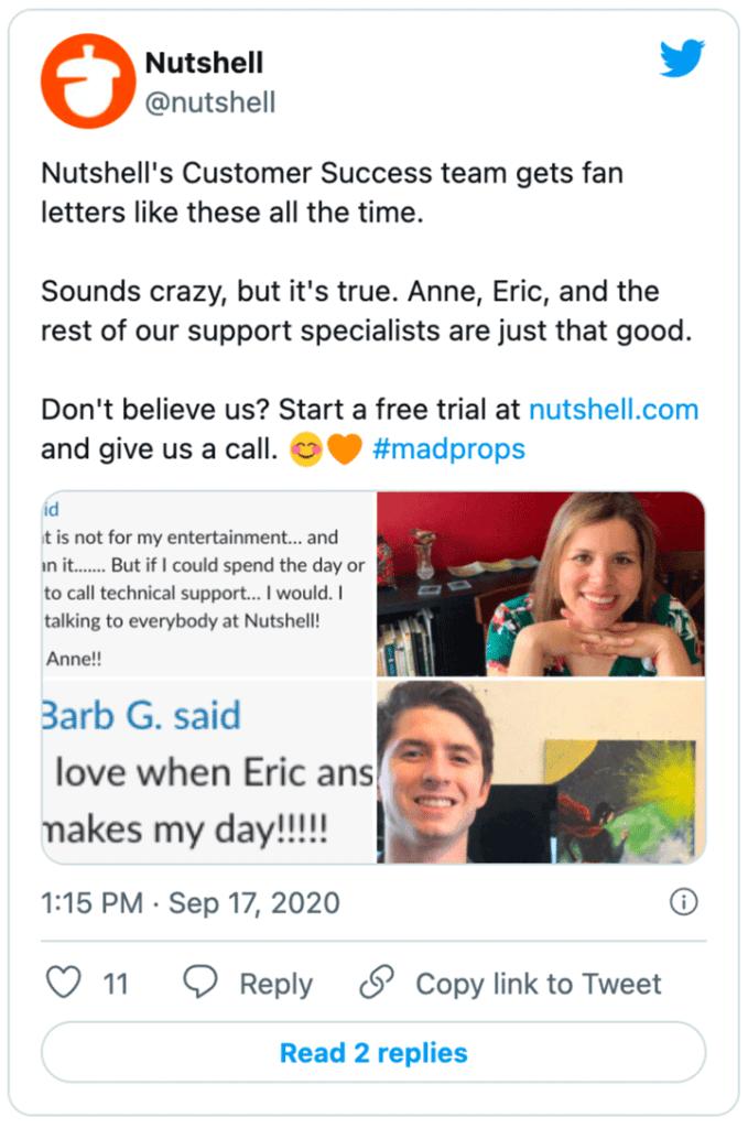 a tweet from Nutshell about how the Customer Success team gets fan letters all the time