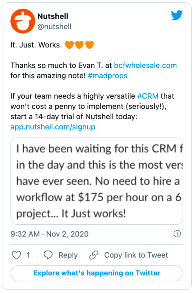 a tweet from Nutshell says it just works