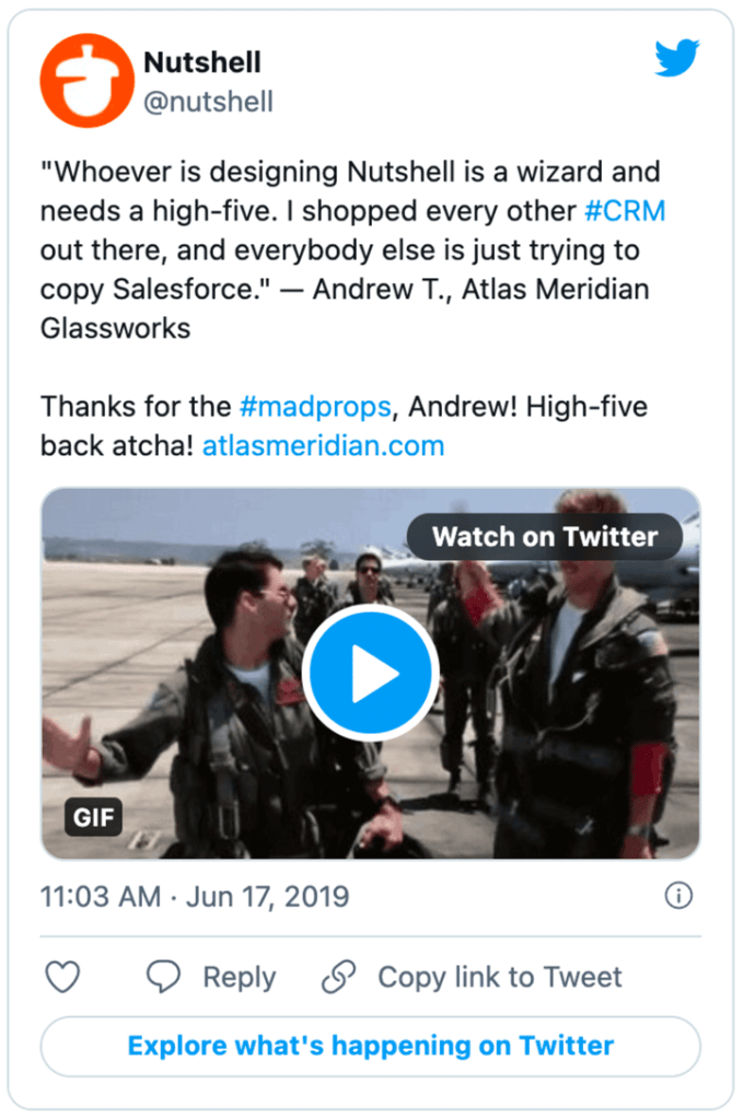 a tweet from Nutshell showing a positive review from user Andrew T.