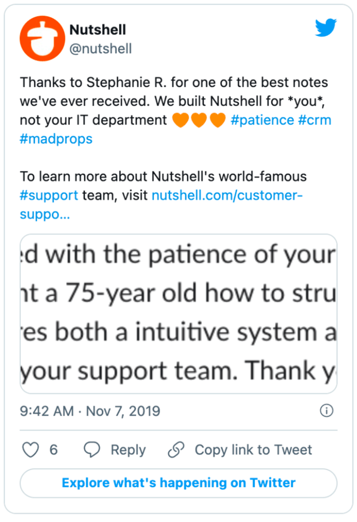 a tweet from Nutshell that shows a positive user review from Stephanie R.