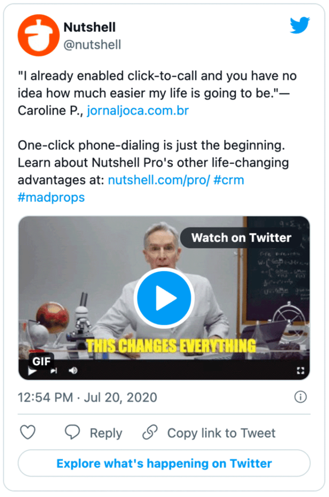 a tweet from Nutshell that promotes the Nutshell Pro one-click dialing feature and shows a video that says this changes everything