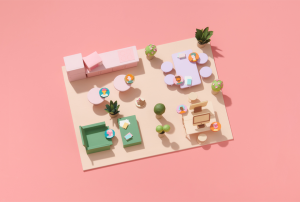 a model of a living room with furniture and plants on a pink background
