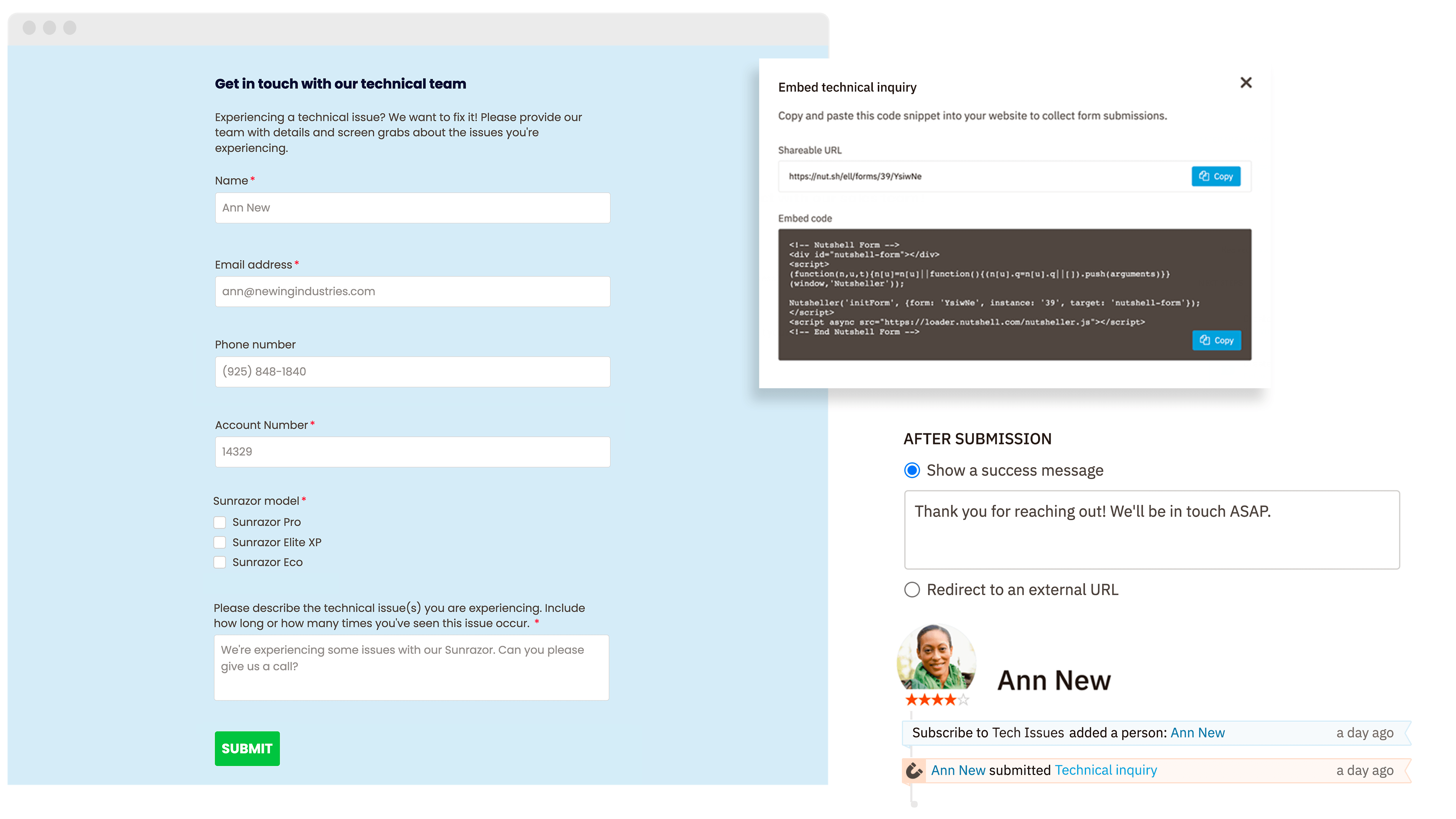 Nutshell CRM demo signup form with product features and pricing information displayed