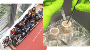 a group of people are posing for a picture next to a picture of a person holding a syringe