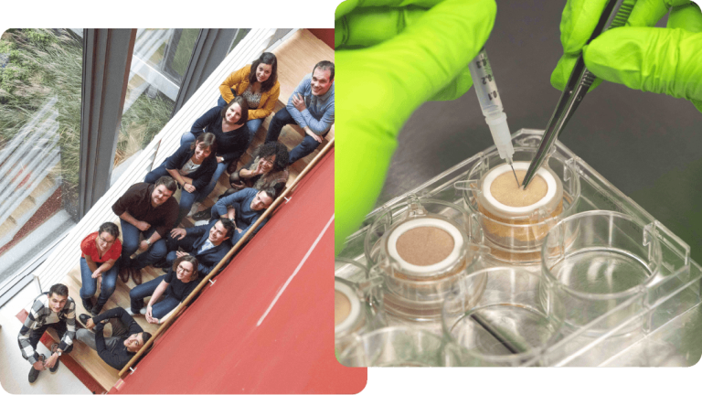 a group of people are posing for a picture next to a picture of a person holding a syringe