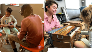 a girl playing a ukulele and a girl playing an accordion