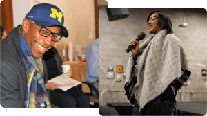 a picture of a man wearing a blue hat next a pcture of a woman standing with a microphone in her hand