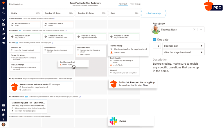 a screenshot of a demo pipeline for new customers on the Nutshell dashboard