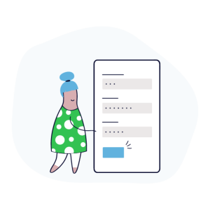 a woman in a green polka dot dress is pointing at a screen