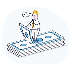 a cartoon of a man looking through a telescope on top of a stack of money