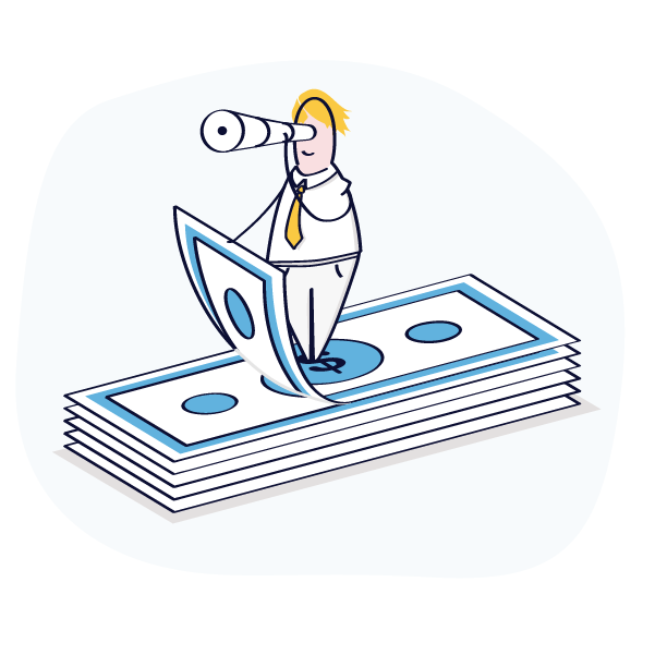 en tegning af en mand, der kigger gennem et teleskop oven på en stak penge