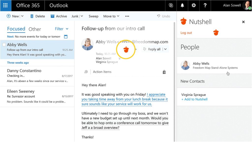 a screenshot of an Office 365 app shows an email from abby wells