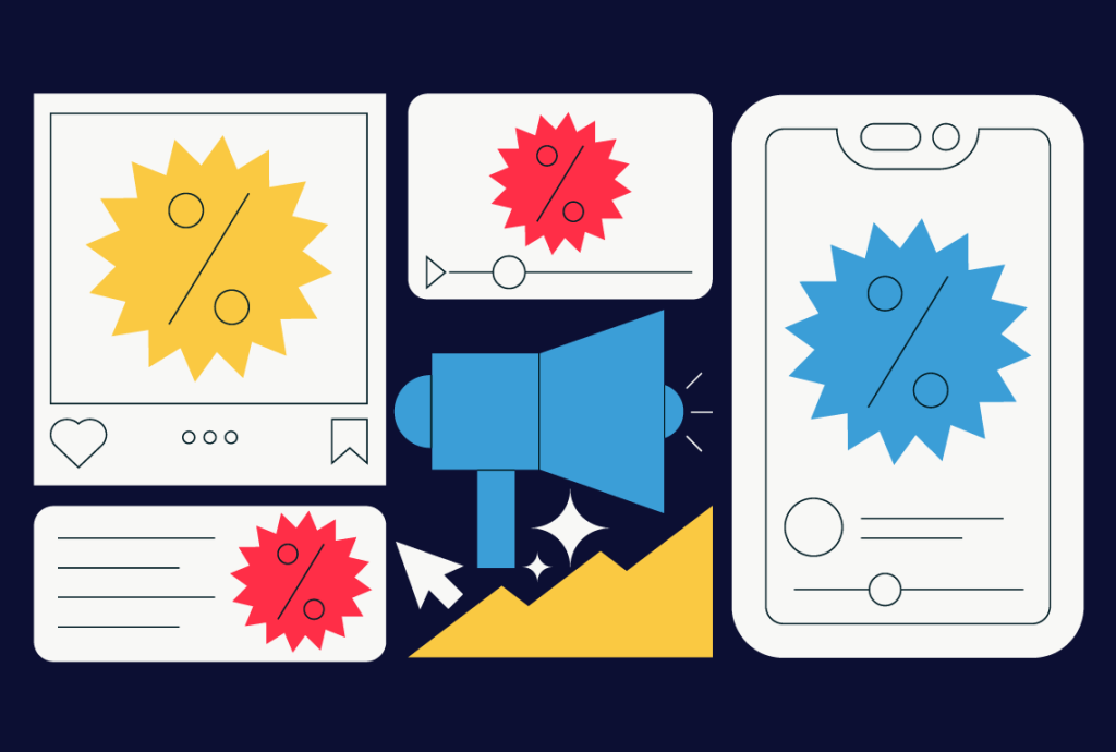 an illustration of a megaphone surrounded by percentages and stars