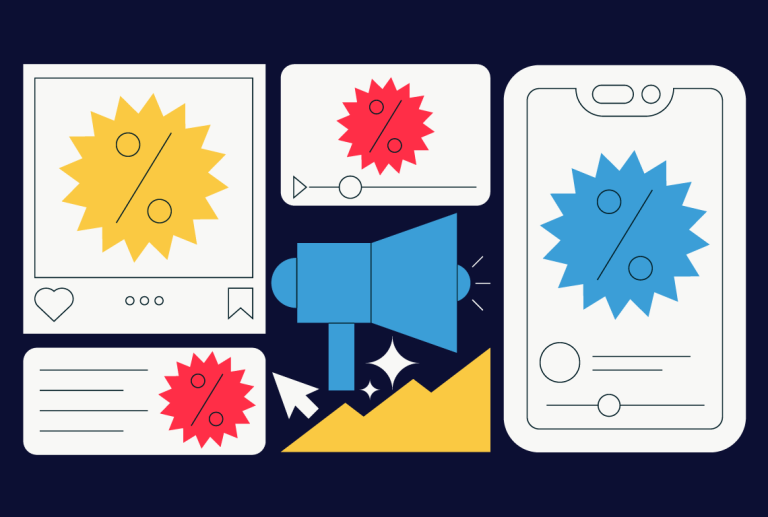 an illustration of a megaphone surrounded by percentages and stars