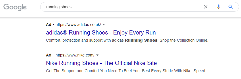 a Google search for running shoes that shows results for adidas and nike running shoes