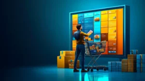 A person with a cart shopping for items by selecting products on a very big screen