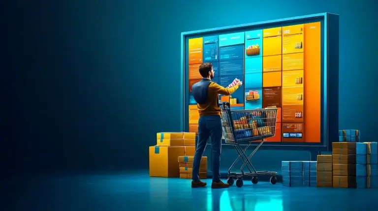 A person with a cart shopping for items by selecting products on a very big screen