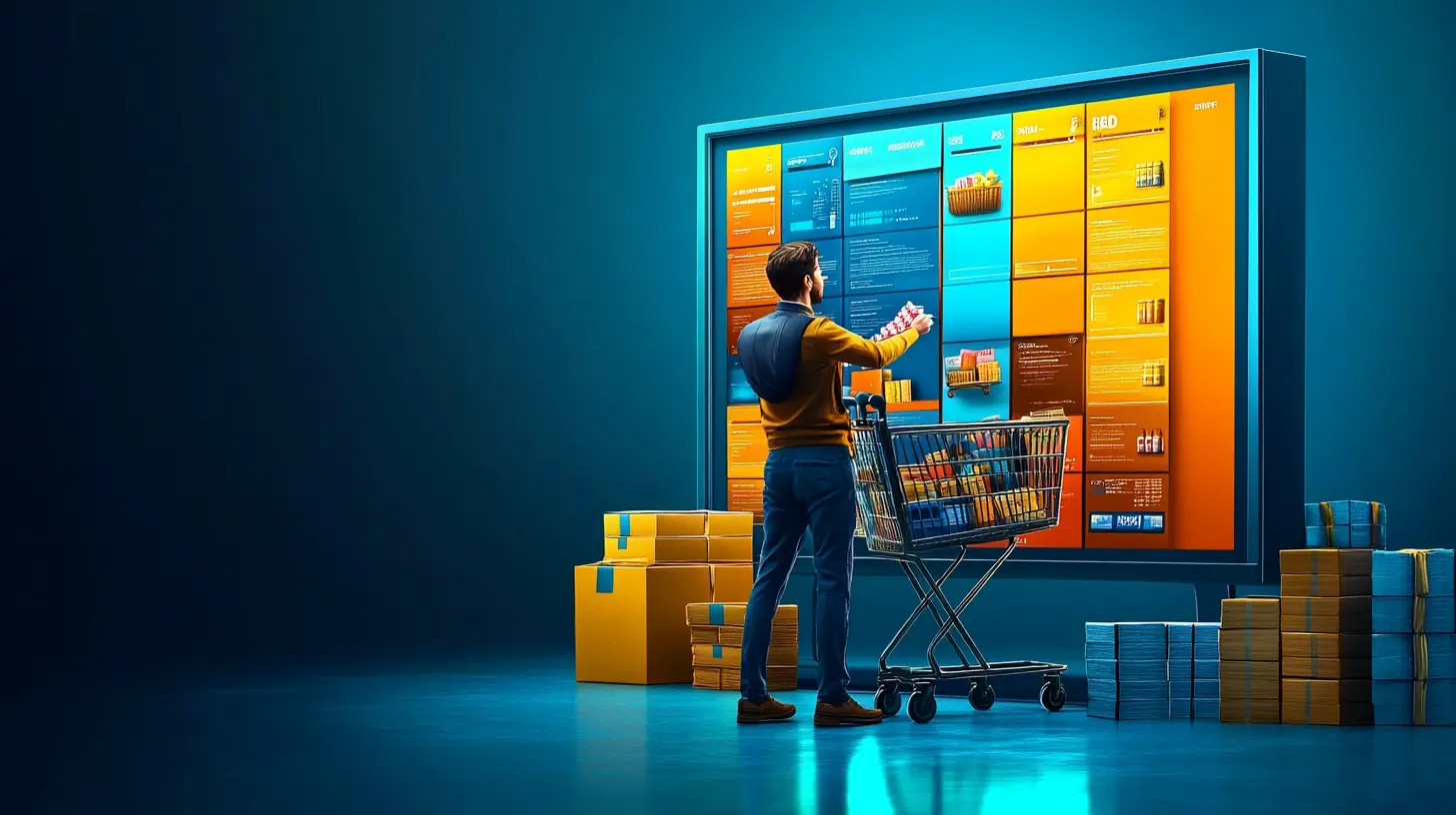 A person with a cart shopping for items by selecting products on a very big screen