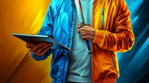 A person holding a tablet on one hand and a sword on the other hand