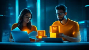 two people are using laptops with a paper and boxes