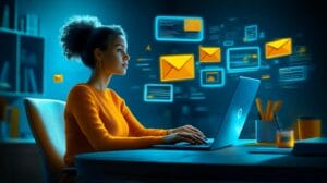 Sales professional at desk with laptop, surrounded by floating communication symbols representing email, phone, and chat in circular motion