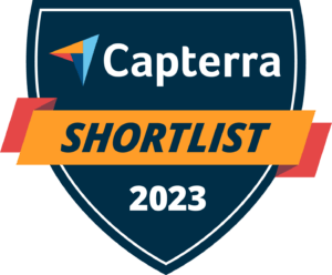 a blue and orange badge for the Capterra Shortlist 2023