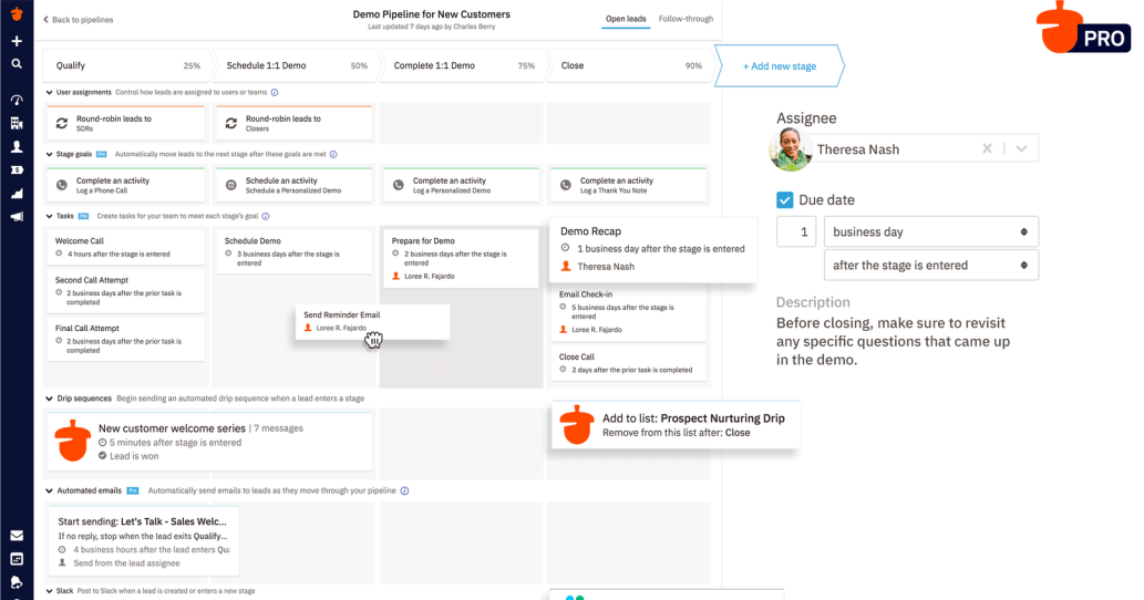 et skjermbilde av en demopipeline for nye kunder på dashbordet på Nutshell