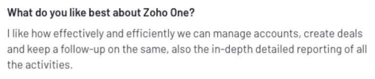 customer's text response sharing what they like about LACRM Zoho One