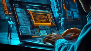 A closeup of a laptop with data shown on the screen guarded by two miniature people in security uniforms while a hacker is approaching the laptop