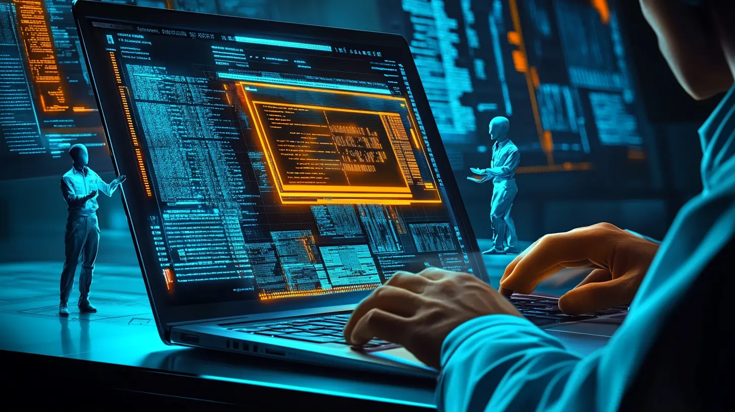 A closeup of a laptop with data shown on the screen guarded by two miniature people in security uniforms while a hacker is approaching the laptop