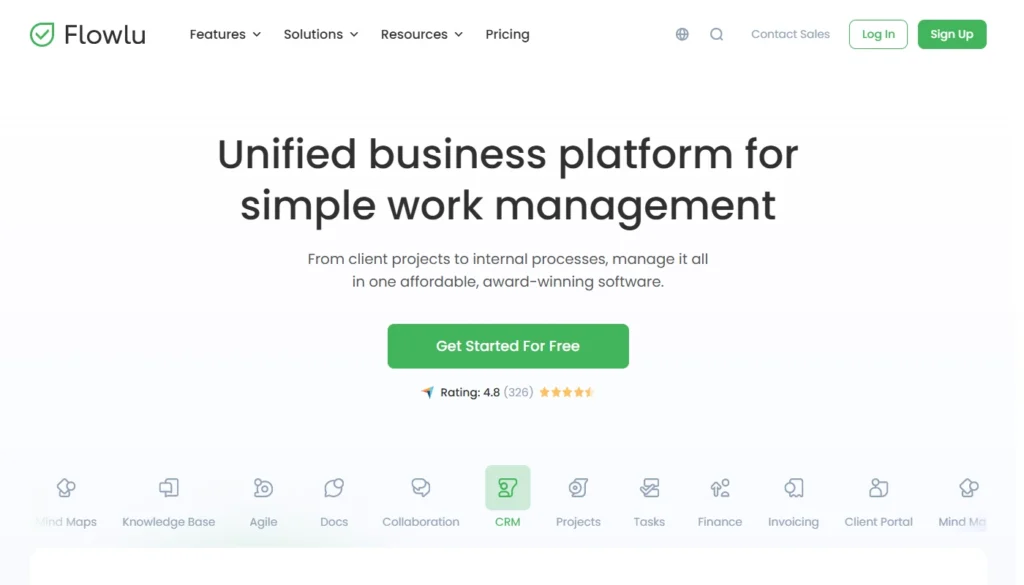 Homepage of Flowlu's website