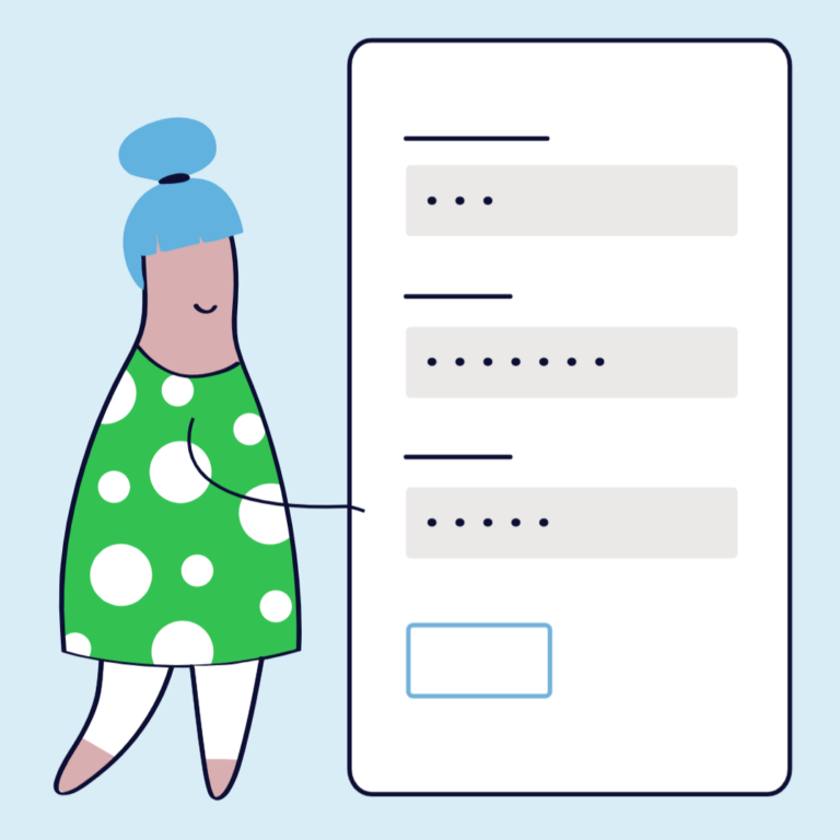 a cartoon drawing of a woman in a green dress pointing at a form