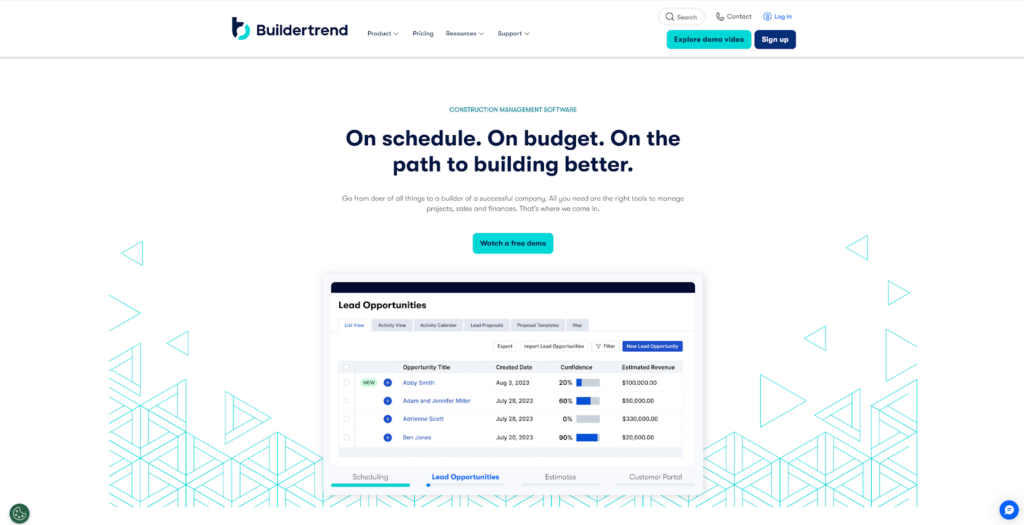 Homepage of Buildertrend construction CRM website