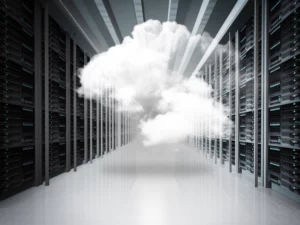 a server room with a cloud in the middle of it